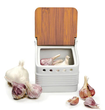 Stoneware Garlic Keeper, White, Bamboo Lid