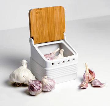 Stoneware Garlic Keeper, White, Bamboo Lid