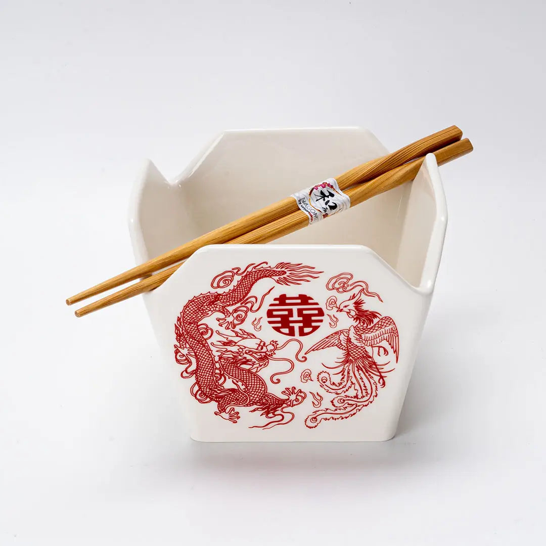 White, Red Phoenix Takeout Box Donburi Bowl & Chopsticks Set