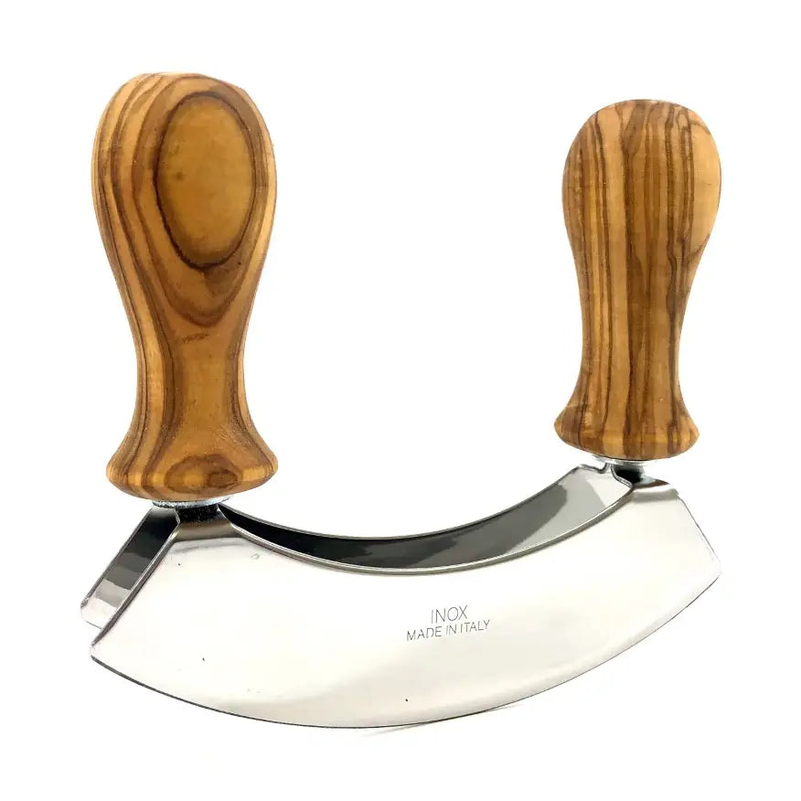 Olive Wood Mezzaluna, Stainless Steel Blade