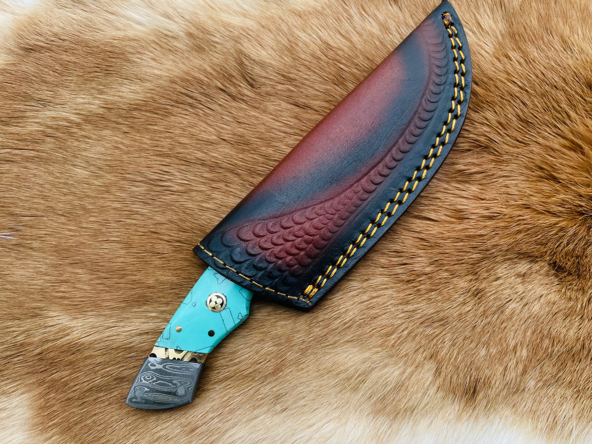 Utility Knife, Damascus, Azure, Turquoise Resin