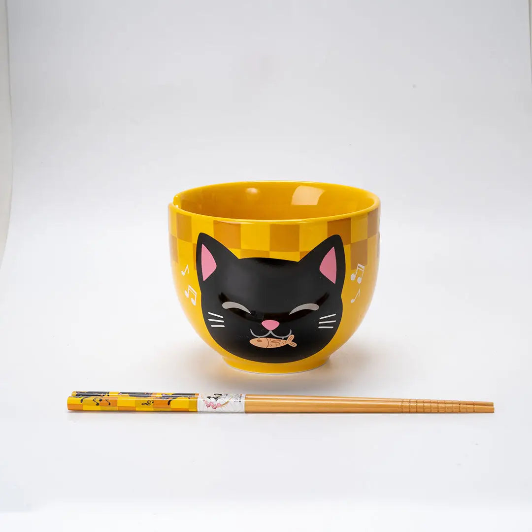 Yellow Neko Friends Donburi Bowl & Chopsticks Set