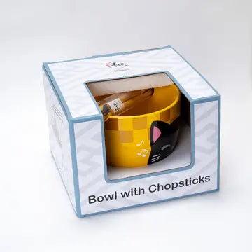 Yellow Neko Friends Donburi Bowl & Chopsticks Set