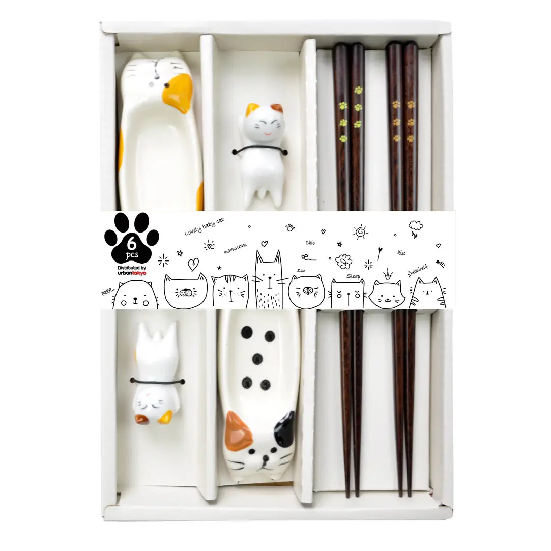 Cat Soy Dish, Chopsticks, and Rest 2 Set - Gift Set