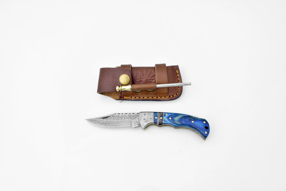Folding Knife, Damascus, Blue, Belt Clip