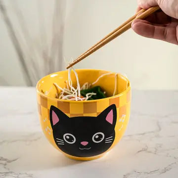 Yellow Neko Friends Donburi Bowl & Chopsticks Set