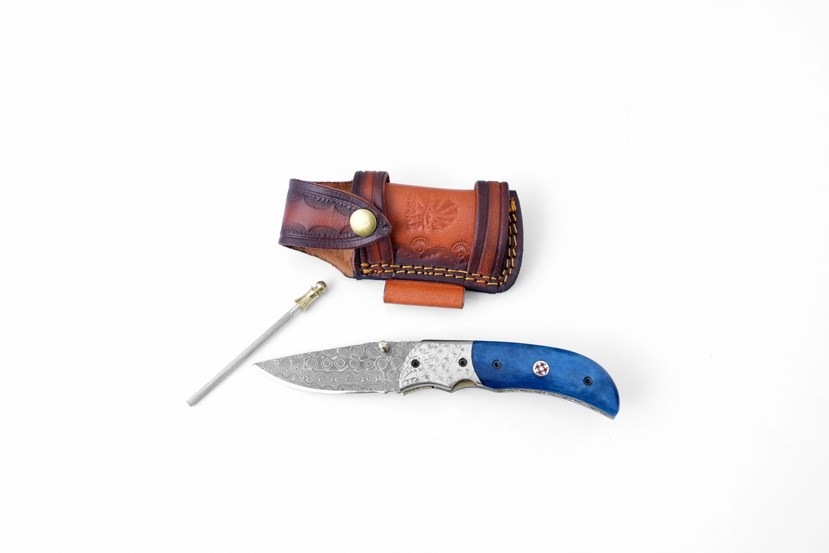 Folding Knife, Damascus, Blue Bone