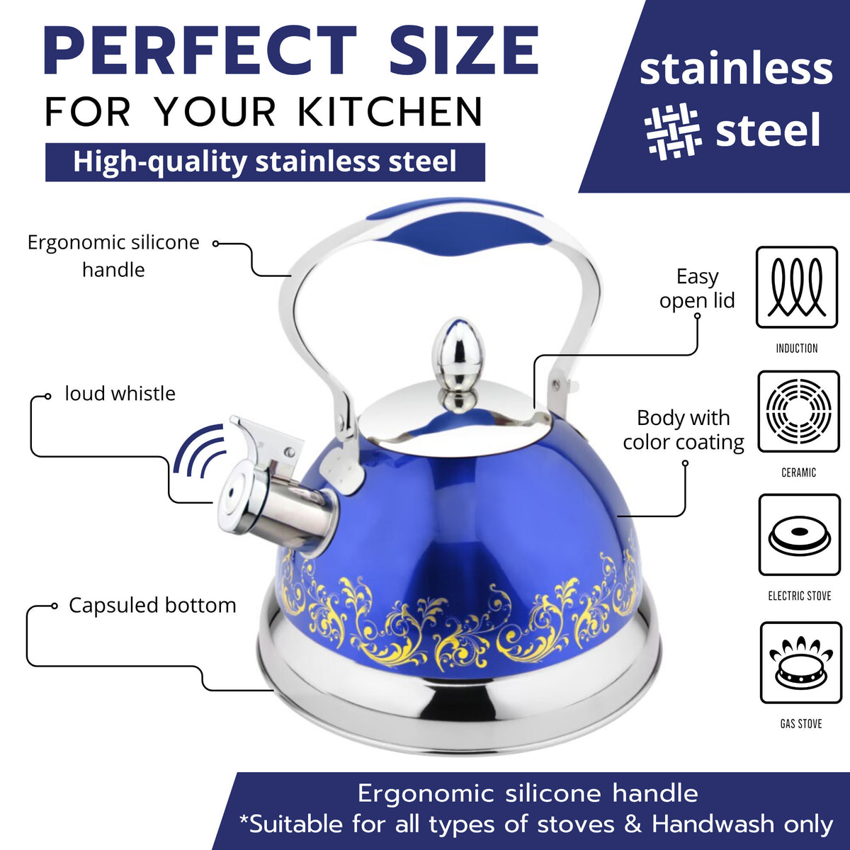 Blue 3.7qt Stainless Steel Whistling Kettle, with Gold Scroll Design