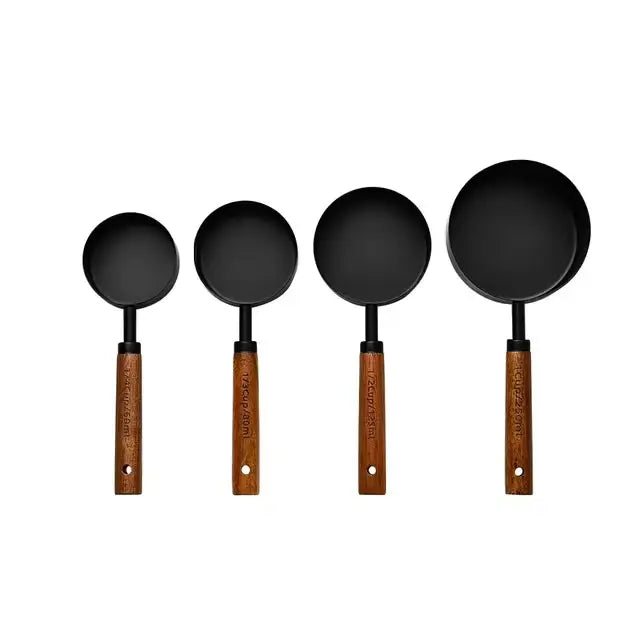 Wood Handle Black Stainless Steel Measuring Cups Set of 4