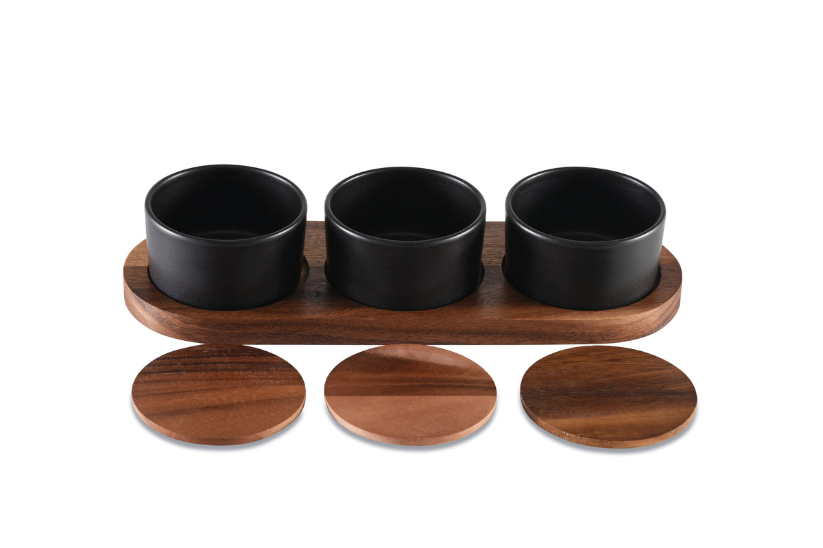 Acacia Condiment Tray With 3 Black Bowls