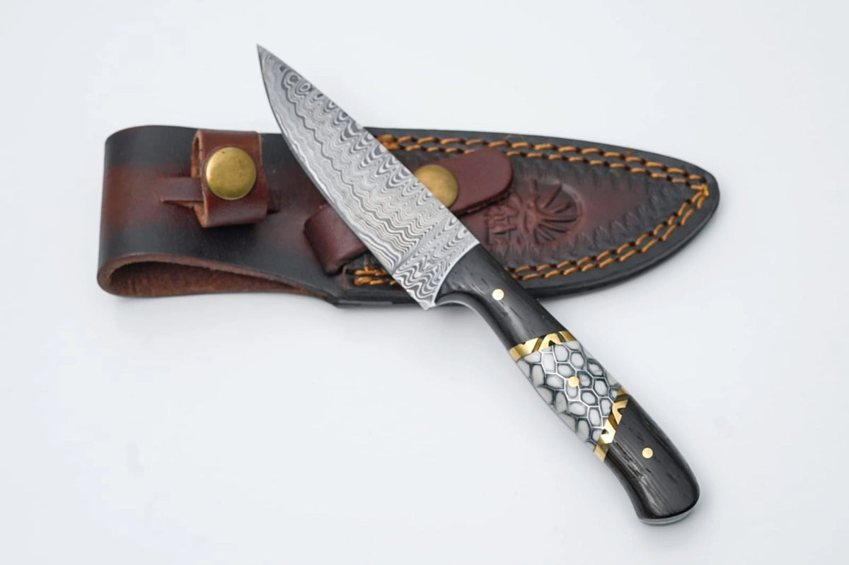 4" Titan Hexforge Damascus Utility Knife, Black Wood With Honeycomb Inlay Handle