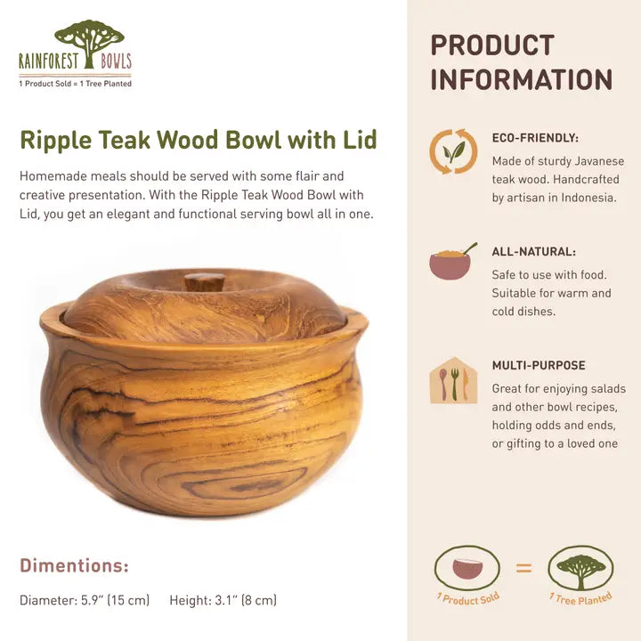 Ripple Teak 5.9" Wood Bowl w/ Lid