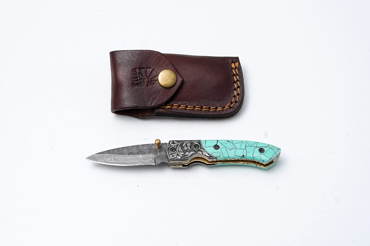 Folding Knife, Damascus, Turquoise