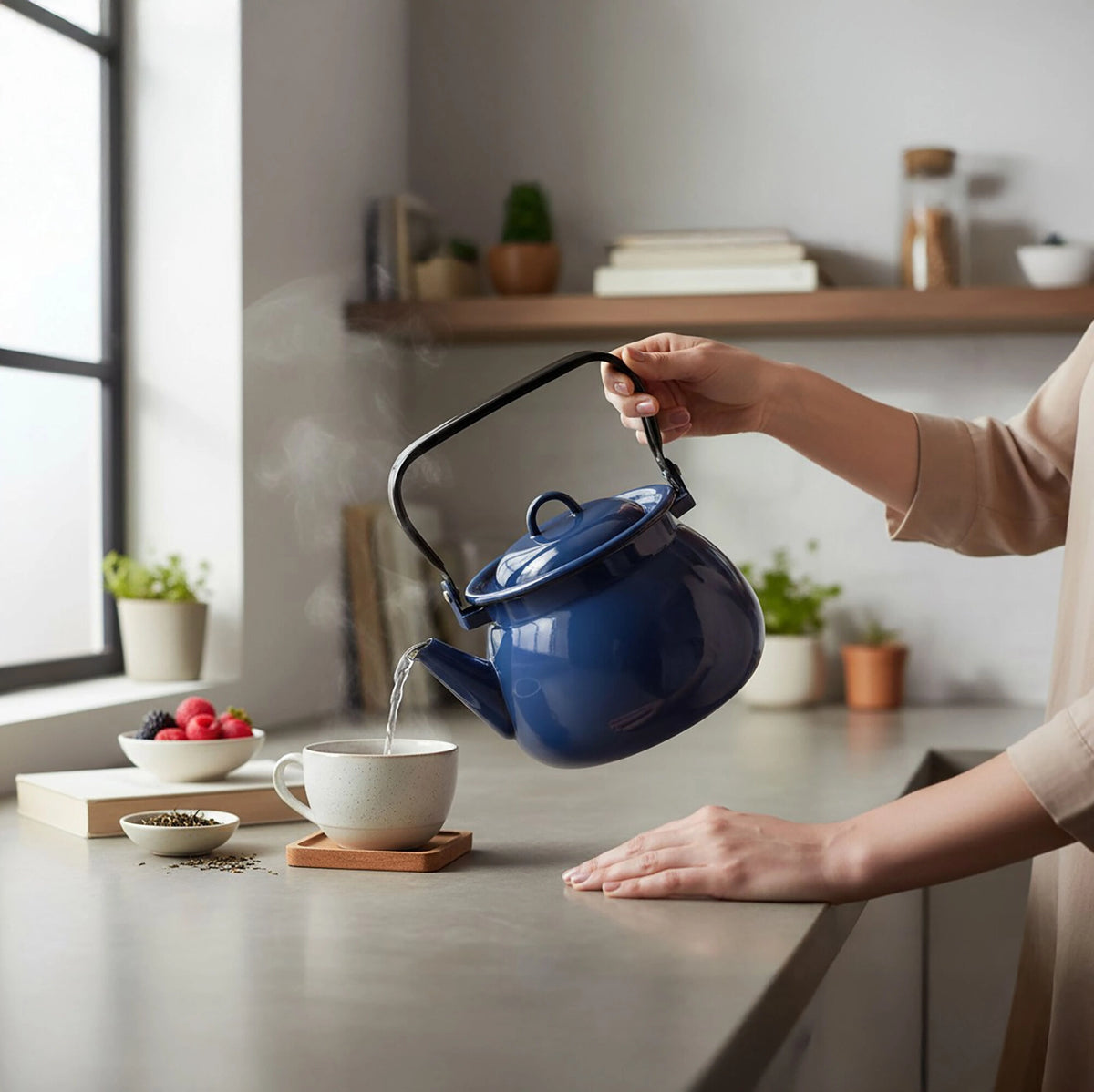Valentine Navy Blue 2.7qt Medium Vintage Enamel Kettle with Metal Handle