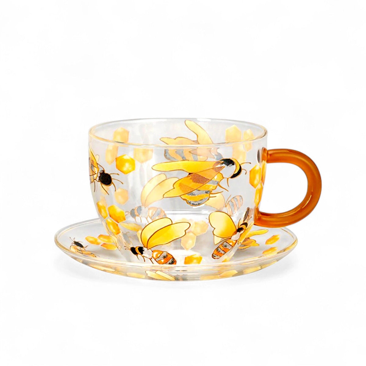 Glass 12oz Honey Bee Teacup and Saucer, Individual