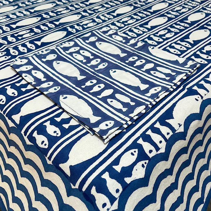 60x60 Blue Fish Stripe Tablecloth
