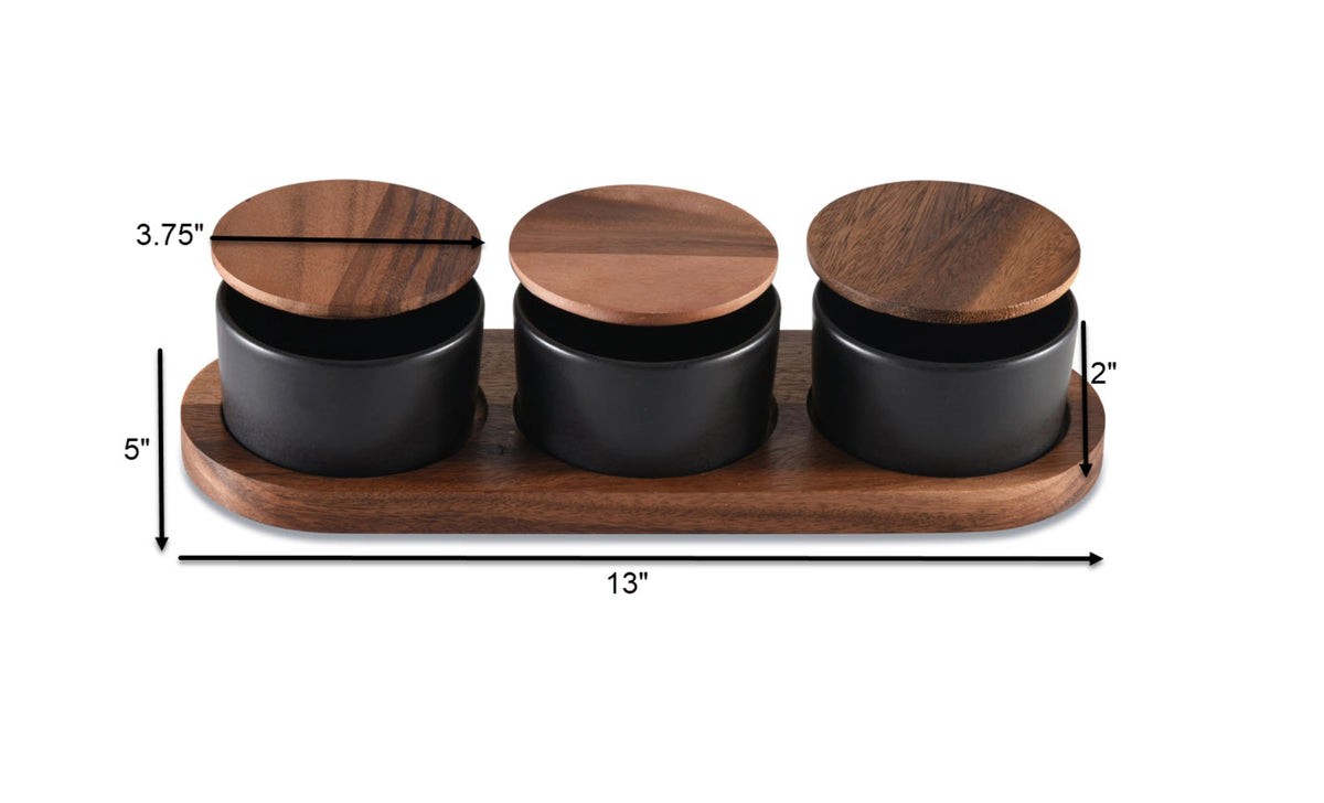 Acacia Condiment Tray With 3 Black Bowls