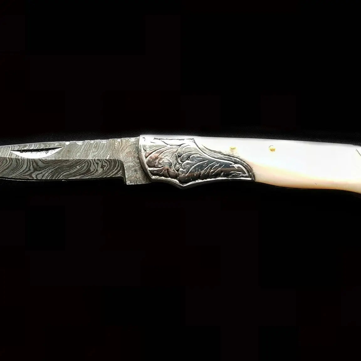 Handmade Camel Bone Handle Folding Knife, Engraved Bolster, Leather Sheath