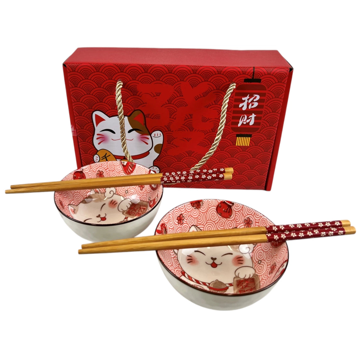 Lucky Cat 4.5" 10oz Rice Bowls & Chopsticks Set