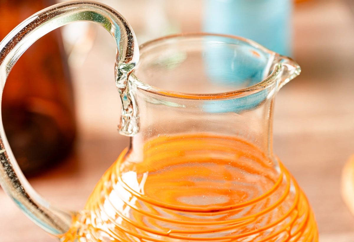 Pitcher Handblown Glass Orange Swirl