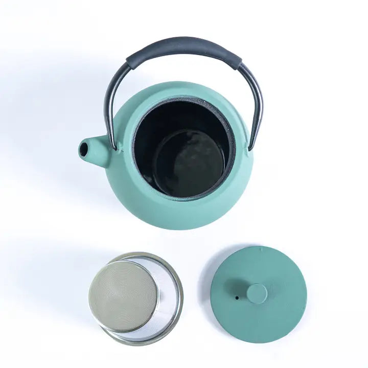 Green Tilted 28oz Round Cast Iron Tea Pot