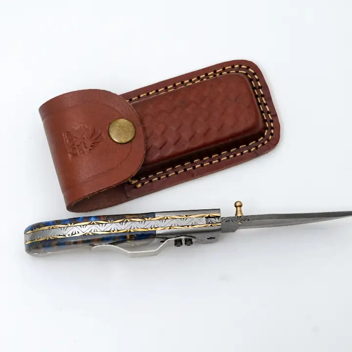 Blue Resin & Burl Wood Handle with Pocket Clip & Spine File Work | Hand-Forged Damascus Folding Pocket Knife