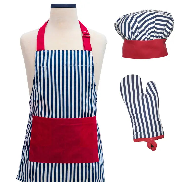 Striped 3 pc Kids Apron, Mitt & Hat Set
