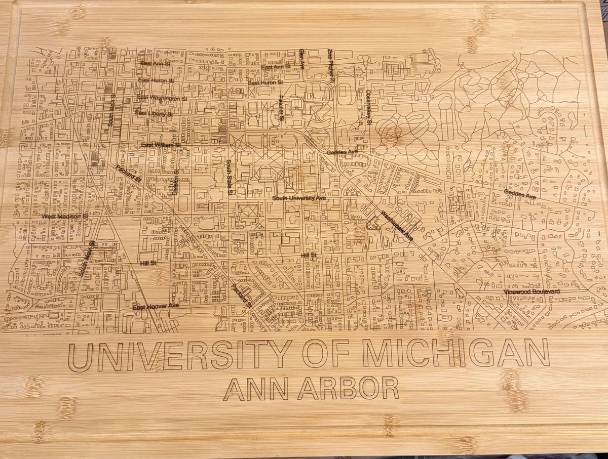 University of Michigan Map, Large Bamboo Cutting Serving Board