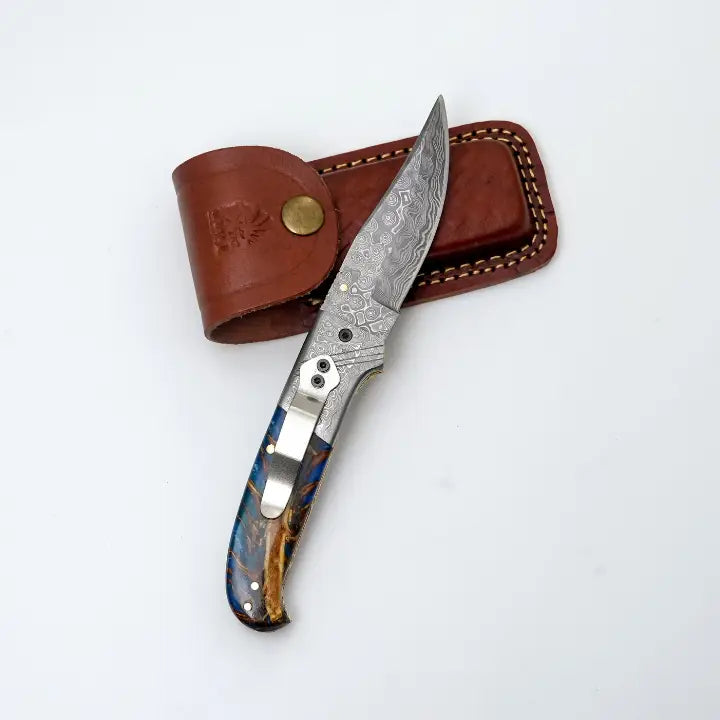 Blue Resin & Burl Wood Handle with Pocket Clip & Spine File Work | Hand-Forged Damascus Folding Pocket Knife