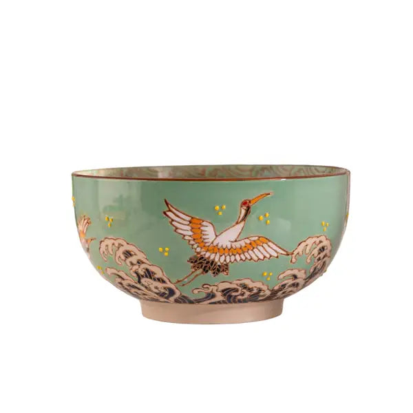 Japanese Crane Bowl w/ Chopsticks, Spoon, Lid and Trivet Set