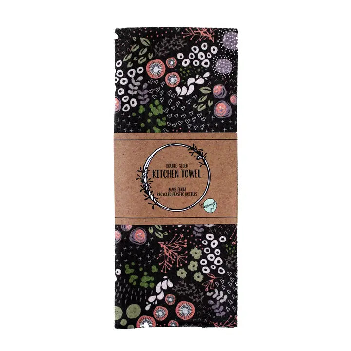 Circle Flowers Black and Coral | Two Sided Waffle Tea Towels