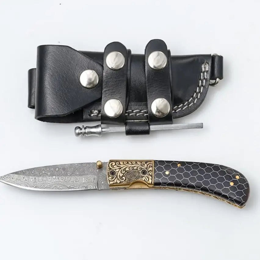Hand-Engraved Damascus Folding Knife with Honeycomb Handle, Black
