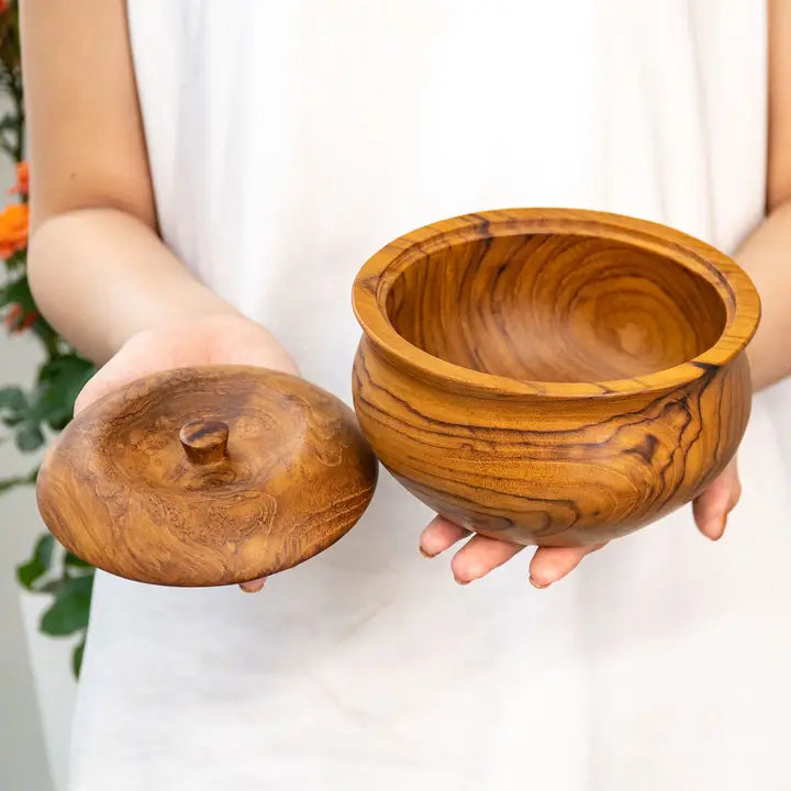 Ripple Teak 5.9" Wood Bowl w/ Lid