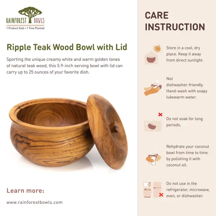 Ripple Teak 5.9" Wood Bowl w/ Lid