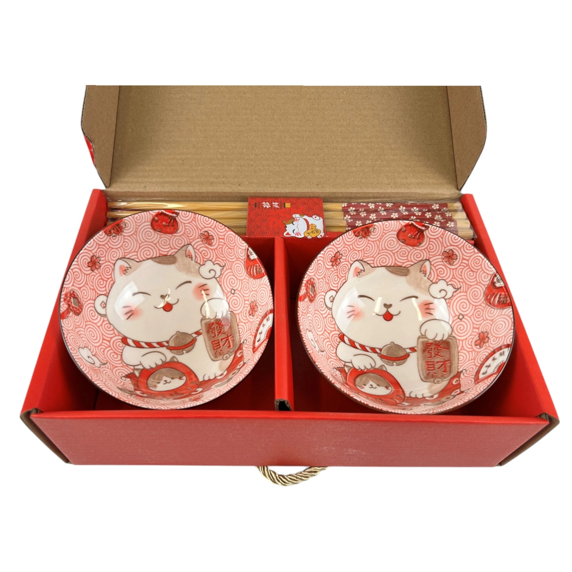 Lucky Cat 4.5" 10oz Rice Bowls & Chopsticks Set