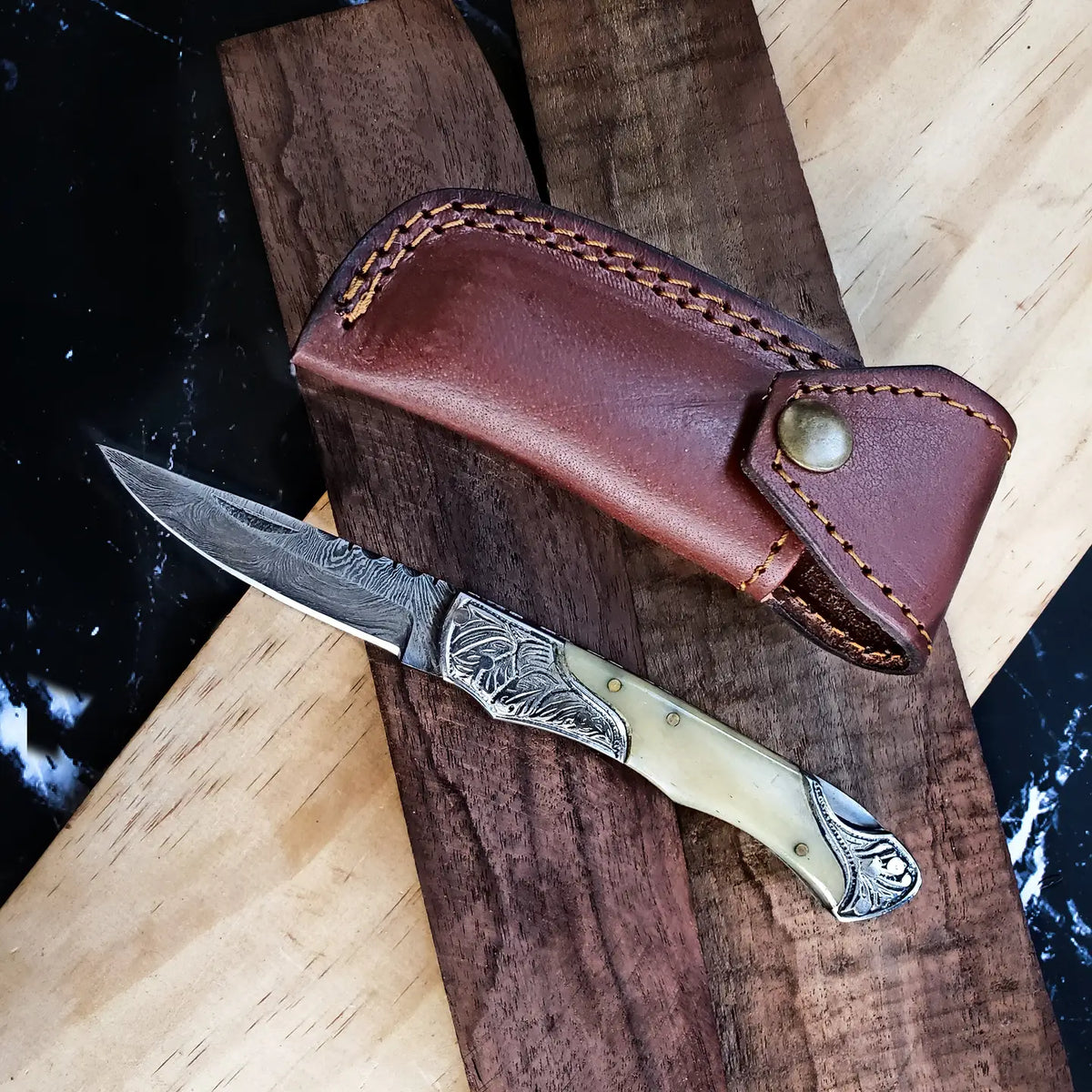Handmade Camel Bone Handle Folding Knife, Engraved Bolster, Leather Sheath
