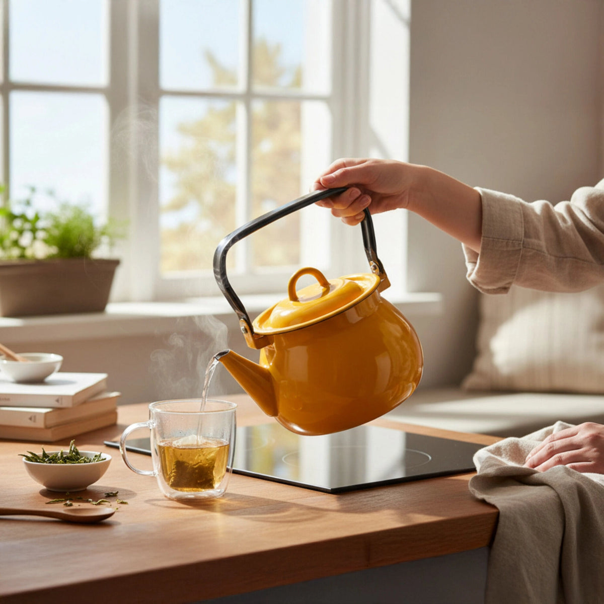 Mustard 3.7qt Vintage Enamel Kettle with Metal Handle