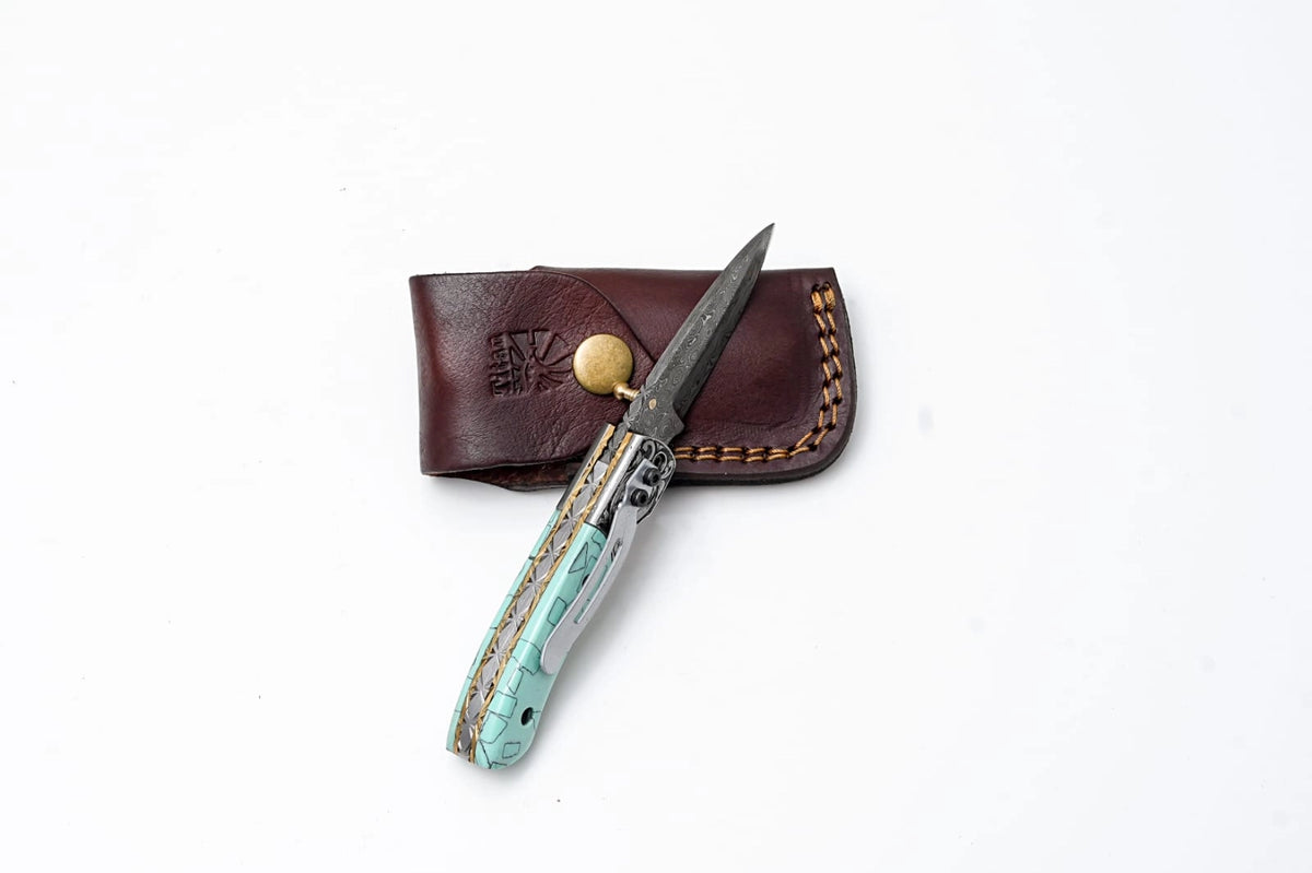 Folding Knife, Damascus, Turquoise