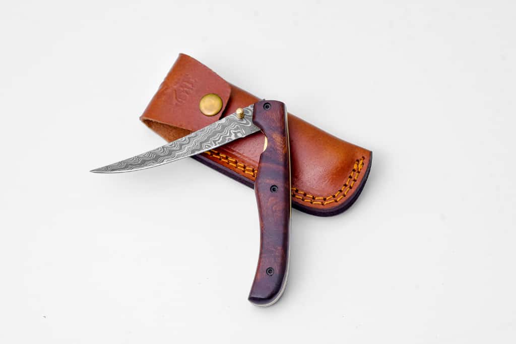 Folding Knife, Fish Fillet, Damascus, Rose Wood