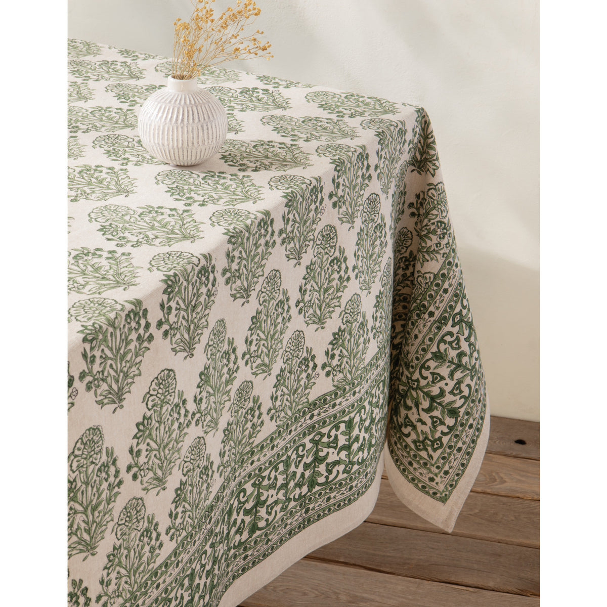60x84 Viridian Block Print Tablecloth