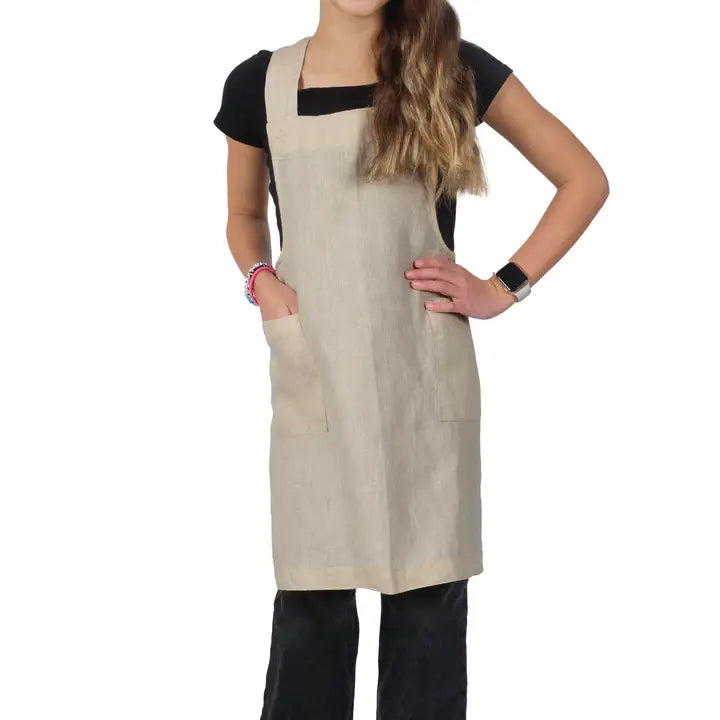 Beige Kid's Stone Washed Linen Cross Back Smock Apron