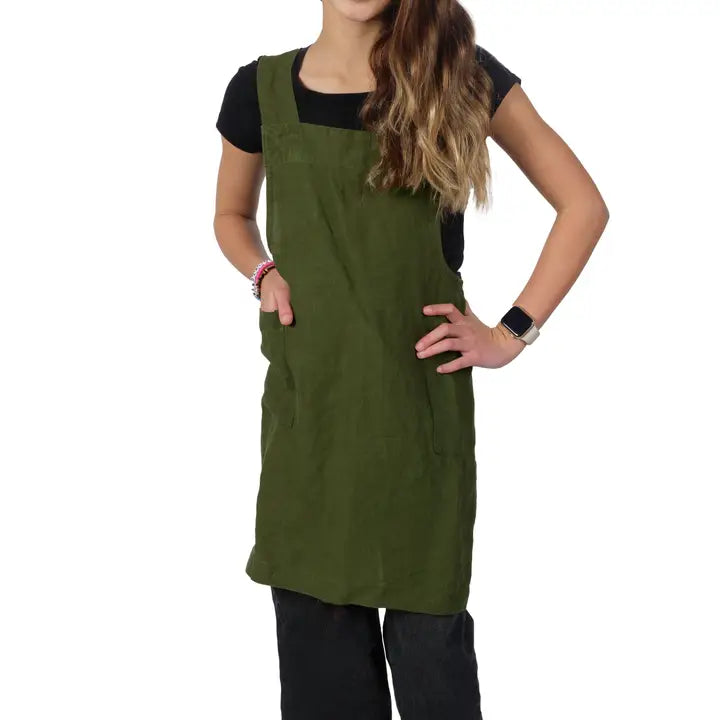 Green Kid's Stone Washed Linen Cross Back Smock Apron
