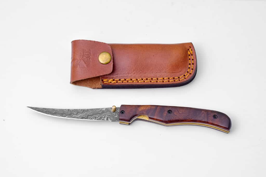 Folding Knife, Fish Fillet, Damascus, Rose Wood