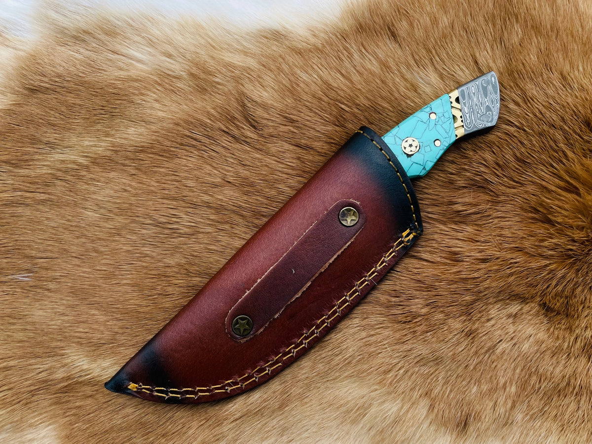Utility Knife, Damascus, Azure, Turquoise Resin
