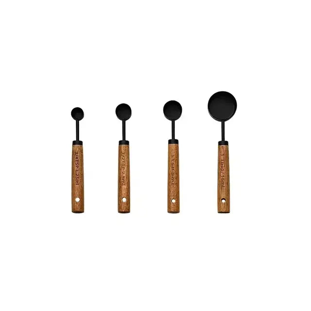 Wood Handle Black Stainless Steel Measuring Spoons Set of 4