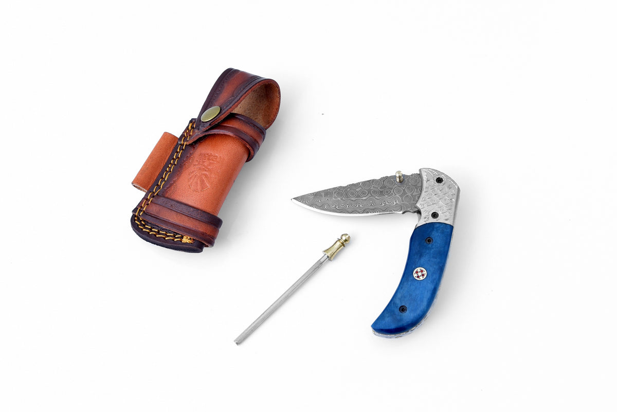 Folding Knife, Damascus, Blue Bone