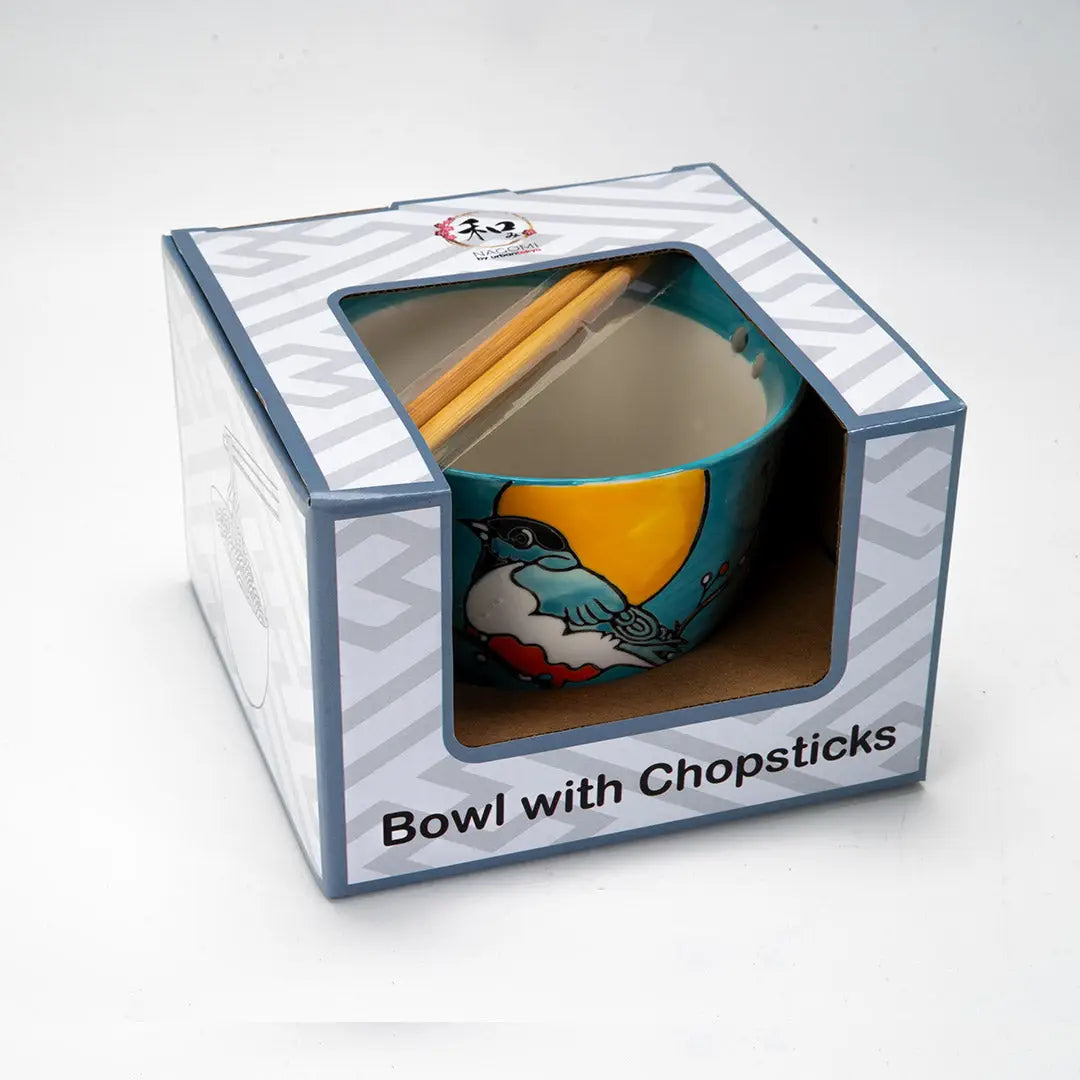 Teal Robin Donburi Bowl & Chopsticks Set