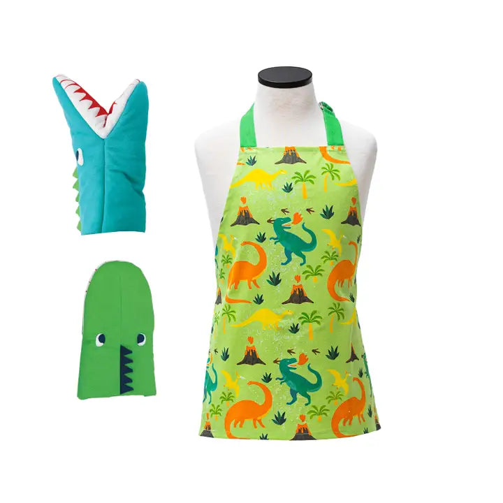 Dinosaur Kids Apron and Oven Mitts Set