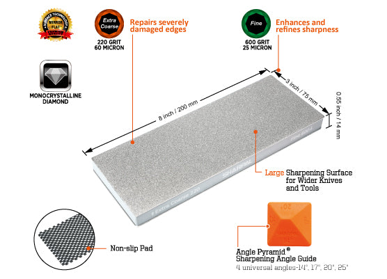 220 & 600 Grit Diamond Sharpening Stone 8x3
