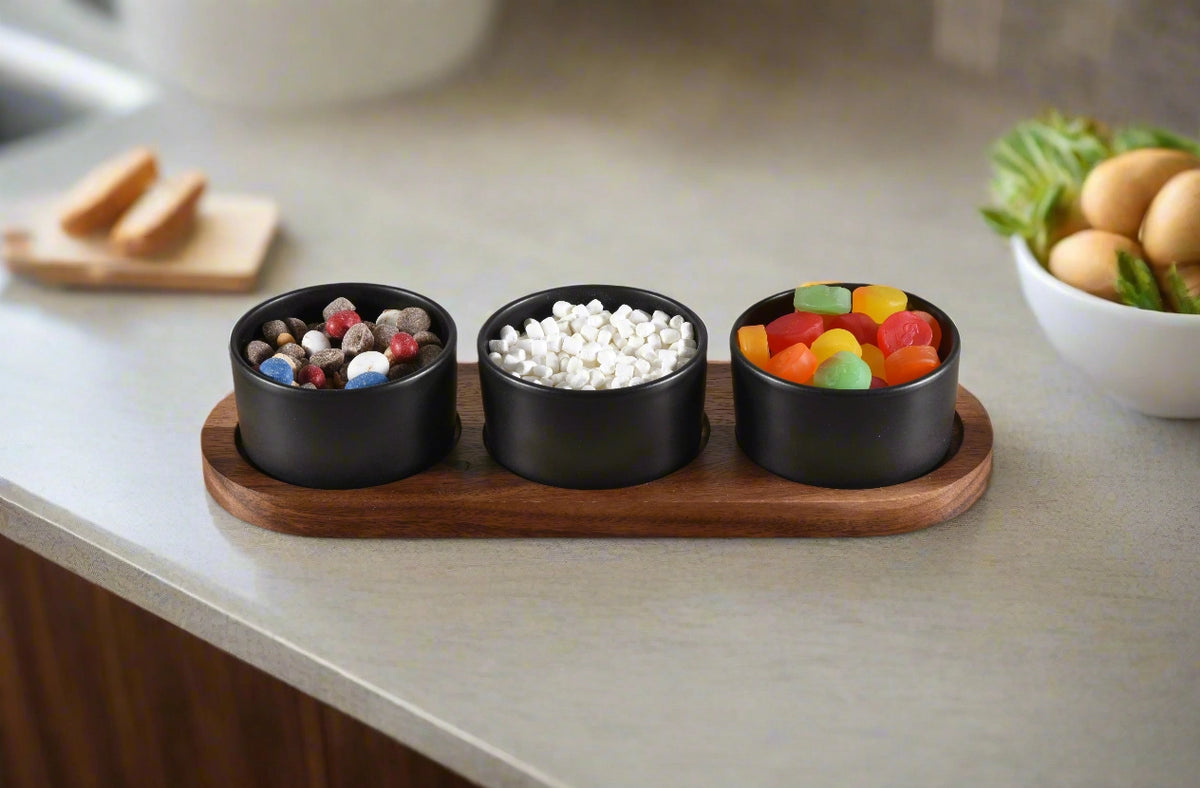 Acacia Condiment Tray With 3 Black Bowls
